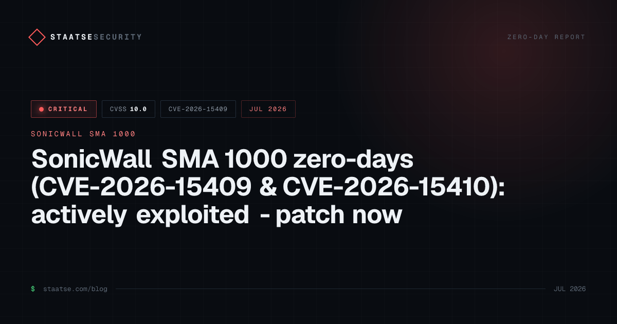 SonicWall SMA 1000 zero-days (CVE-2026-15409 & CVE-2026-15410): actively exploited - patch now